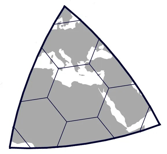 One icosahedron face subdivided into hexagons
